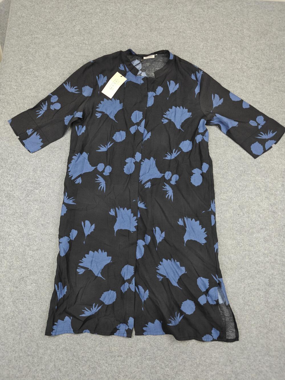 Masai Copenhagen Shirt Dress Womens Medium Black Blue Floral Midi 3/4 Sleeve